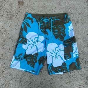 Vintage Quiksilver Swim Trunks Short Mens 30 Blue Hibiscus Floral Embroidered